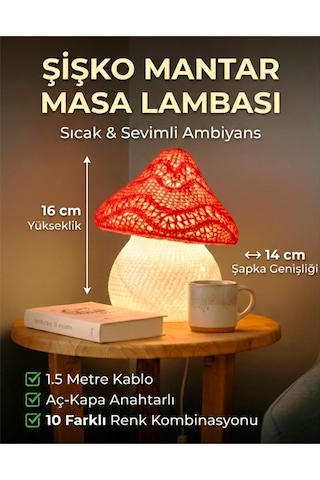 Sincara Home Şişko Mantar Masa Lambası / Siyah Gövde / 5 Renk Siyah Gövde / Kırmızı Şapka