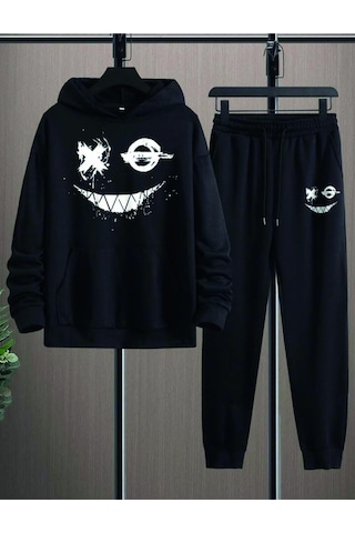 Hunors Sportswear & Company Siyah Erkek Oversize Basic Kapüşonlu Paçası Lastikli Beast Moda Baskılı Pamuklu Eşofman Takımı Simsiyahh