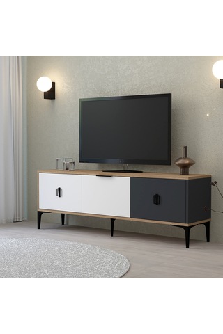 3501 Neva Tv Ünitesi 150 Cm Kapaklı Sepet - Beyaz - Antrasit Tv Sehpası Sepet-beyaz-antrasit