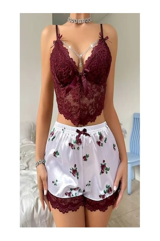 Ece's Design Dantelli 2 Li Şortlu Pijama Takımı Rahat & Şık Home Wear W2004 Bordo