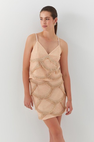 Askılı Payetli Etek Takım Kavun İçi Açık Turuncu