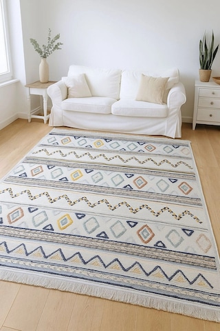 İskandinav Motifli Renkli Baklava Desen Tasarım Modern Halı Dekoratif Kilim Krem