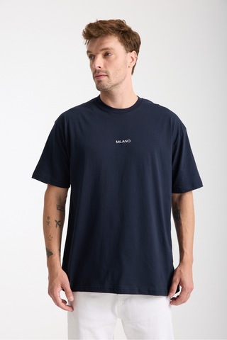 Erkek Milano Nakış Yazılı Oversize Bisiklet Yaka T-shirt Lacivert