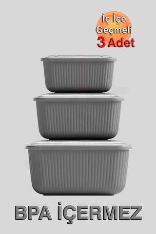 İç İçe Geçmeli Snaplid Dikdörtgen Saklama Kabı 600 - 1100 - 1800 Ml Üçlü Set Antrasit