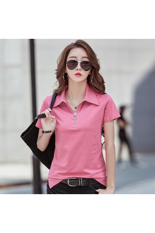 Pembe Fermuar Turn-down Yaka T Gömlek Kadın Kısa Kollu Yaz Üstleri Pamuk Tshirt Kadın Kore Giysileri Tee Gömlek Femme Pembe