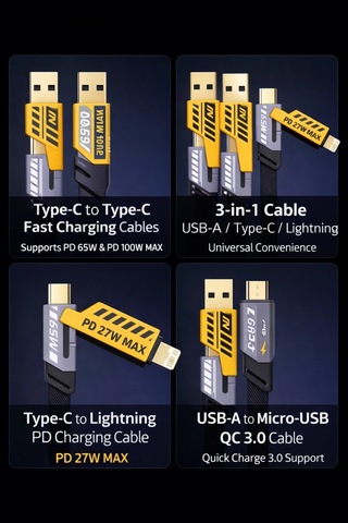 Platoon Pl-8916 Pd 27w Max Hızlı Şarj Kablosu Usb-a Type-c / Lightning 65w Örgülü