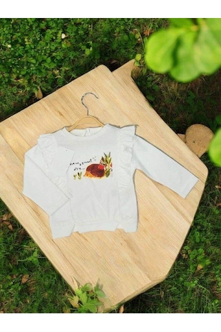 Kız Bebek Pamuklu İnce Uzun Kollu Kirpi Desenli Bluz-14898 Ekru