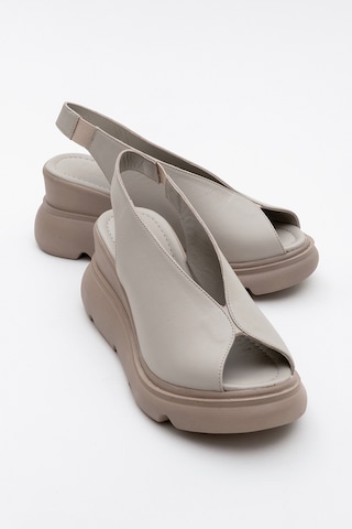 Luvishoes Luvi Shoes Sam Taş Cilt Hakiki Deri Kadın Dolgu Topuk Sandalet Taş Rengi Taş
