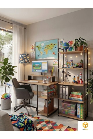 Vien 2 Set Kitaplıklı Masa Raflı Çalışma Masası 5 Raflı Kitaplık Monitör Yükseltici Siyah - Çam