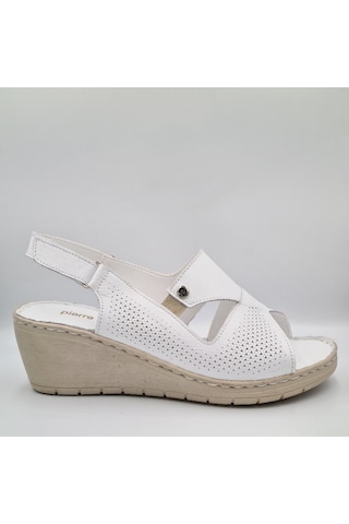 Pierre Cardin 6908 Beyaz Deri Dolgu Topuk 6cm Kadın Sandalet Beyaz