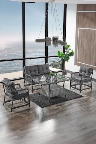 Breda Rattan Örgü Bahçe Balkon Takımı 2+1+1 Cam Masalı Antrasit Antrasit