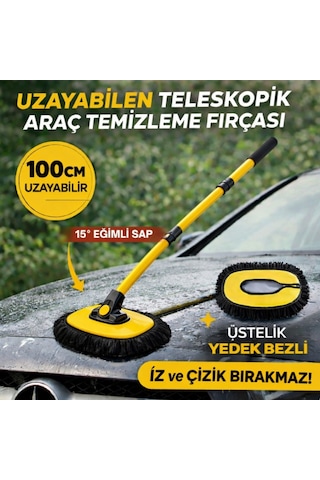 Polham Yedek Bezli 100cm Uzayabilen Teleskopik Saplı Kuru Islak Araç Temizleme Fırçası, İz Ve Çizik Bırakmaz