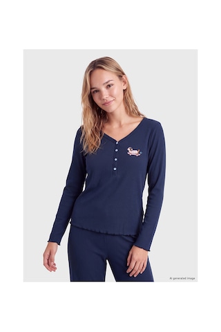 Lcw Young Lacivert V Yaka Nakışlı Kadın Pijama Takım