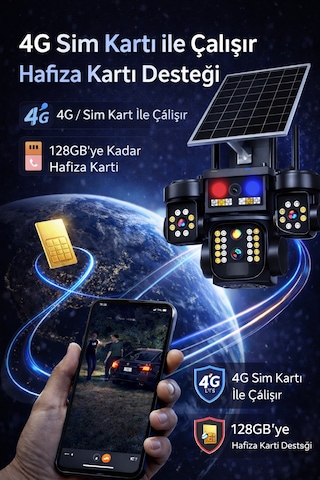 İki Kameralı Sim Kartlı 7/24 Kayıt Özelliği Olan Güneş Enerjili Su Geçirmez Güvenlik Kamerası