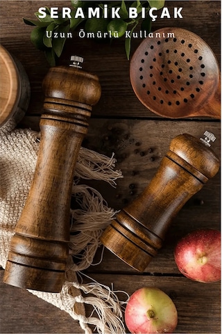 2li Set 14+22cm Doğal Ahşap Karabiber Tuz Kahve Baharat Öğütücü Değirmen Tuzluk Biberlik 2li Set 14cm+22cm