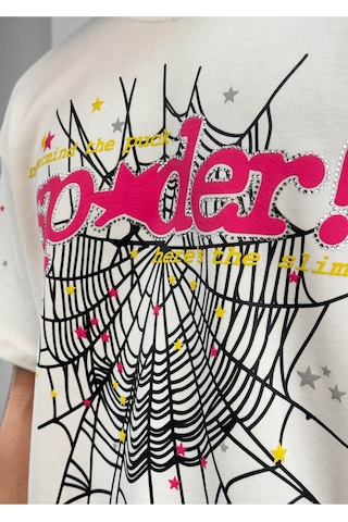 Zaee Spider Taş Detay Oversize Tişört Beyaz