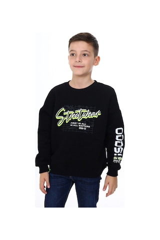 Toontoy Kids Toontoy Erkek Çocuk Oversize Bisiklet Yaka Düşük Omuz Baskılı Sweatshirt - 2 İplik Siyah