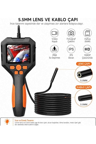 Yousee 5 Metre Ekranlı 5.5mm Sert Kablo Endoskopi Yılan Kamera Kayıtlı