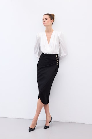 Sateen Düğme Detaylı Kalem Etek - Siyah-136776 Siyah