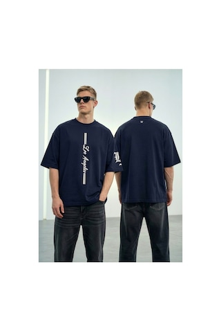 Wild Wood Garment Wild Wood "la Street" Dikey Baskılı Ve Kol Nakışlı Premium Oversize T-shirt Lacivert