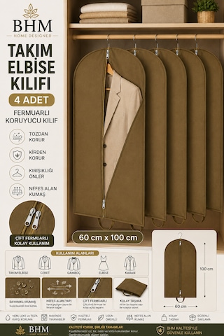 4'lü Takım Elbise Kılıfı 60x100 Cm Çift Fermuarlı Gamboç Elbise Kılıfı Kıyafet Koruyucu Toz Geçirmez Dolap Düzenleyici Bej