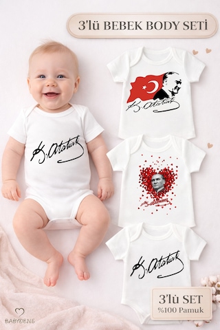 Babyden's Atatürk İmzalı 3 Lü Bebek Body Seti %100 Pamuk, Kısa Kollu,unisex Bebek Zıbın Beyaz