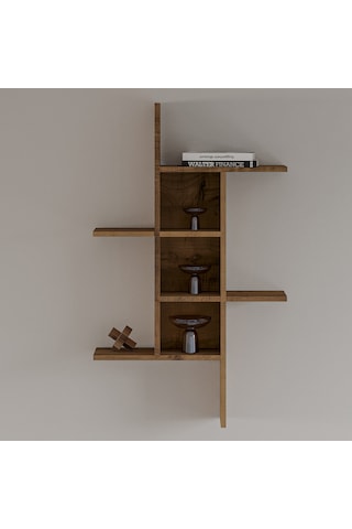 Madagaskar Duvar Rafı Asimetrik Tasarım, Duvara Monte Dekoratif Kitaplık Antik Ceviz