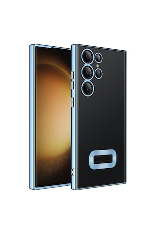 Samsung Galaxy Uyumlu S23 Ultra Yanları Renkli Lens Korumalı Logo Gösteren Luxury Silikon Kapak - Siyah