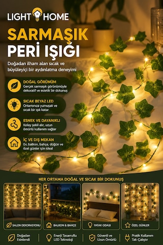 Yapay Sarmaşık Led Işık Dekoratif Işıklı Sarmaşık Led Oda Duvar Yatak Odası Parti Yılbaşı Dekoru 3 Metre 30 Led Sarı