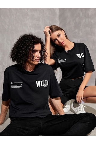 Altamira Unisex Siyah Wild Göğüs Baskılı Oversize Tshirt 001