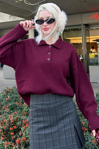 Madmext Bordo Düğmeli Polo Yaka Kadın Kazak Mg2307 Bordo