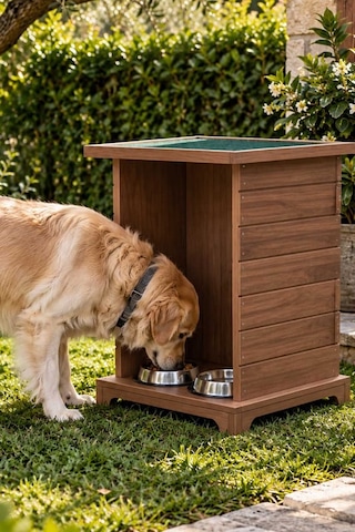 Reyo Büyük Boy Köpek Ahşap Mama İstasyonu, Mama Standı, Su Geçirmez Memran Çatılı, Uzun Ömürlü Ceviz - Monteli Teslimat