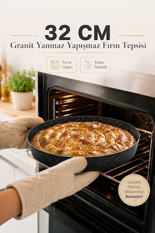 Granit Döküm Yuvarlak Fırın Tepsi Yanmaz Yapışmaz Yüksek Isıya Dayanıklı 32 Cm