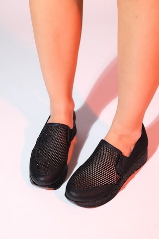 Luvishoes Purcan Siyah Simli Fileli Kalın Tabanlı Kadın Günlük Ayakkabı Siyah
