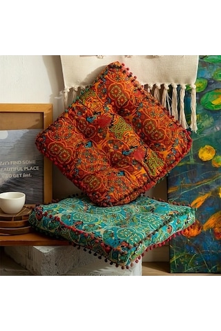 Trendooze Boho Turkuaz Mavi Yastık Püsküllü Sarı Turuncu Polyester Yatak Yumuşak Turuncu