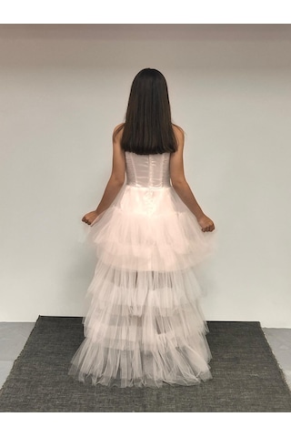 Kız Çocuk Abiye Krem Önü Kısa Kuyruklu Payet İşlemeli Biyeli Transparan Kaplama Abiye Elbise 10-15 Yaş Krem