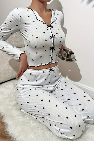 Merry See Kalp Baskılı Uzun Kollu Pijama Takımı Beyaz