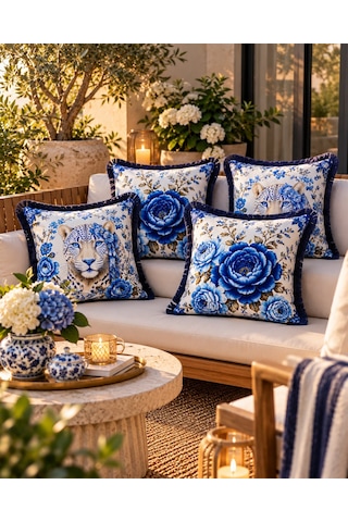 Mavi Leopar Desenli 4 Lü Saçaklı Kırlent Kılıfı 45 x 45