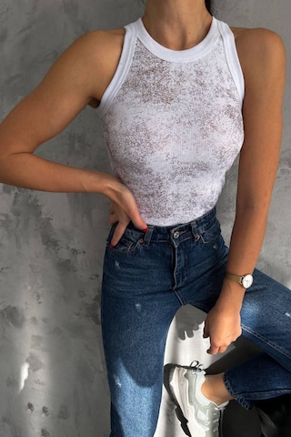 Balenbi Kadın Sim Baskılı Kolsuz Kaşkorse Body 1065 Beyaz 2