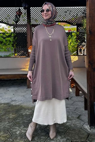 Rabia Şamlı Sevda Triko Tunik Sütlü Kahve Çok Renkli