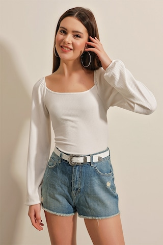 Bigdart 0465 Balon Kollu Örme Bluz - Beyaz 001