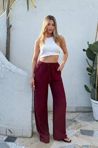 Pembe Keten Karışımlı Bol Kesim Pantolon Bordo