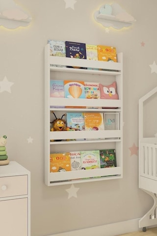 Montessori Çocuk Kitaplığı 4 Raflı Duvar Tipi Beyaz Kitaplık - Eğitici Tasarım