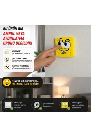 Sünger Bob Işık Anahtarı Kapağı Burnu Hareketli Işık Açma Kapama Aparatı Dekoratif Çocuk Odası Süngerbob 001