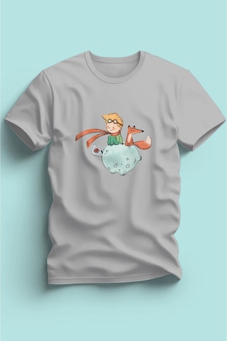 Maki Home Kaliteli Penye Kız Çocuk Baskılı Tshirt 5 6 7 8 9 10 11 12 13 14 Yaş Kucuk Prens Petit Prince Gri
