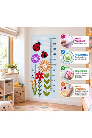 Çocuk Odası Boy Ölçer Çiçek Desenli Duvar Stickerı Folyo Baskı, Dekoratif Boymetre