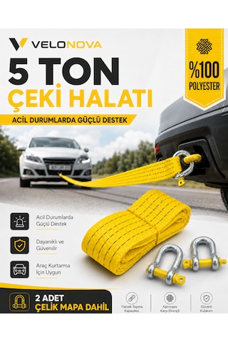 5 Ton Çekme Halatı 3 Metre 5 Cm 2 Adet Omega Kilitli Çelik Mapa Ce Belgeli %100 Polyester Araç Kurtarma Halatı Sarı