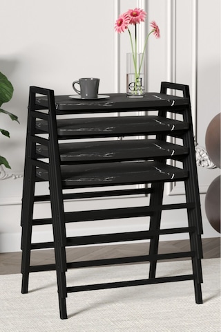 Zigon Sehpa , Aden 4'lü Tepsi Zigon Sehpa Takımı Siyah Metal - Siyah Mermer Tabla Siyah-siyah Mermer