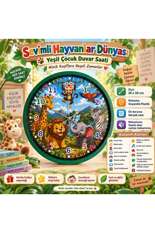 Almira Duvar Saati Sevimli Hayvanlar Dünyası 36 X 36 Cm Yeşil Çocuk Duvar Saati