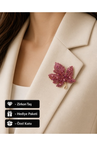 Premium Hediye Pembe Zirkon Taşlı Yaprak Tasarım Kadın Broş Rozet Açık Gri